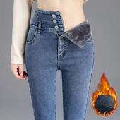 Sieviešu ziemas biezs samts ar augstu vidukli, šauri džinsi, vienkārši silti, flīsa, slaidas, elastīgas bikses, ikdienišķas sieviešu džinsu zīmuļu bikses