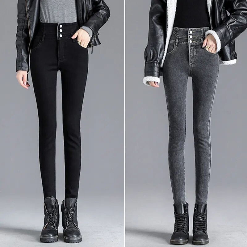 Sieviešu ziemas biezs samts ar augstu vidukli, šauri džinsi, vienkārši silti, flīsa, slaidas, elastīgas bikses, ikdienišķas sieviešu džinsu zīmuļu bikses