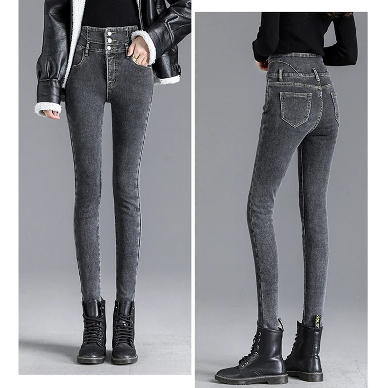 Sieviešu ziemas biezs samts ar augstu vidukli, šauri džinsi, vienkārši silti, flīsa, slaidas, elastīgas bikses, ikdienišķas sieviešu džinsu zīmuļu bikses
