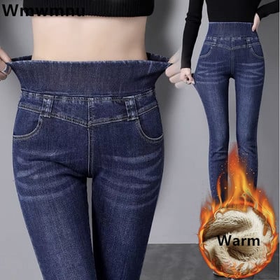 Blugi creion skinny cu talie înaltă, mamă, toamnă, iarnă, se îngroașă, pantaloni caldi din denim, casual, căptușiți din catifea, pantaloni elastici, mărime mare, 38