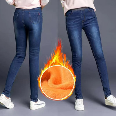 Augsts viduklis šaurs zīmulis Džinsi Mamma rudens ziema biezi silti džinsa bikses ikdienas samta odere Vaqueros liela izmēra 38 elastīgas bikses