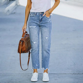 Sieviešu elastīgi džinsi 2023. g. trends, zils ar augstu vidukli, saplēsts ikdienas modes ielas apģērbs, džinsa zīmuļbikses