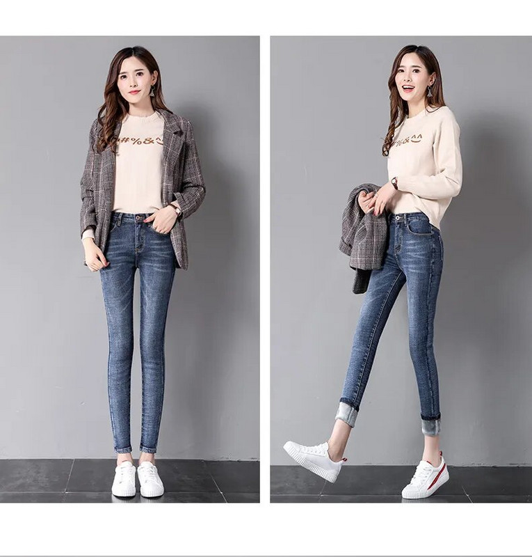 Γυναικεία Γυναικεία τζιν με ψηλόμεσο φλις χειμωνιάτικο μονόχρωμο χρώμα Keep ζεστό Casual άγριο λεπτό παντελόνι ελαστικό παντελόνι με τσέπες