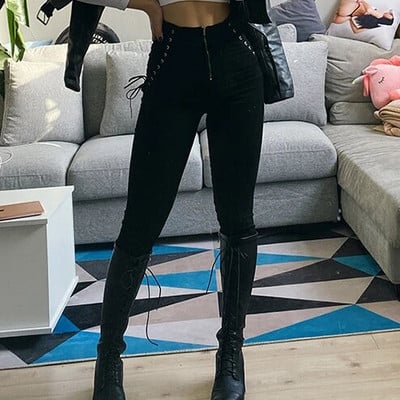 Νέο Ανοιξιάτικο Φθινόπωρο Υψηλής Ποιότητας Harajuku Ψηλόμεσο με Σχέδιο Αλυσίδας Τζιν Γυναικείο Leisure Streetwear Hip Hop Παντελόνι