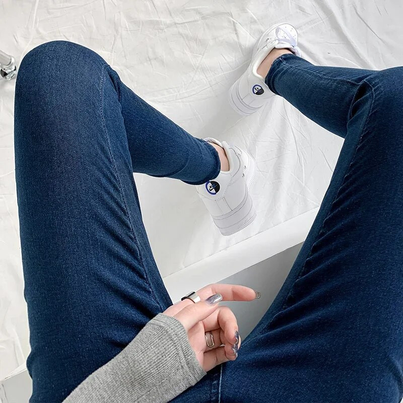 Klasikiniai mėlyni džinsai, moteriški aukštu juosmeniu itin elastingi Y2k estetinės mados „Capris“, 2021 m. miesto moteriškos džinsinės kelnės, madingi gatvės drabužiai