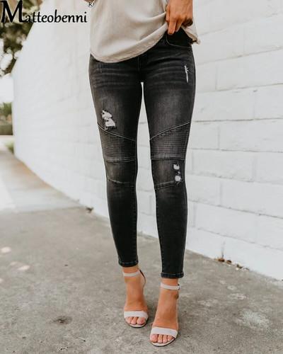 Modes vidus vidukļa šauri džinsi Sieviešu vintage satrauktas džinsu bikses Rudens gofrētas iznīcinātas zīmuļu bikses Ikdienišķi saplēsti džinsi