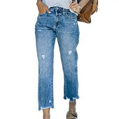 Magas derekú törött lyukak Egyenes lábú farmer Női trendi utcai viselet Kényelmes alkalmi farmer nadrág Női polírozott fehér nadrág