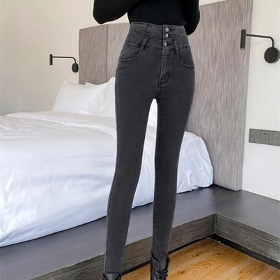 Džinsai su aukštu juosmeniu Moteriškos kelnės pavasario rudeninės juodos pilkos korėjiečių mados tamprios plonos siauros pieštuko džinsinės kelnės moteriškos