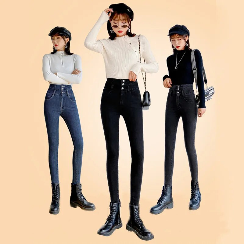 Džinsai su aukštu juosmeniu Moteriškos kelnės pavasario rudeninės juodos pilkos korėjiečių mados tamprios plonos siauros pieštuko džinsinės kelnės moteriškos