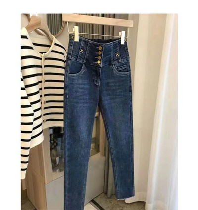 Lielizmēra 5xl Augsts viduklis Vienrindas džinsi Sieviešu korejiešu šiki ziedi Slim Stretch Pencil Džinsu bikses Ikdienas ielas apģērba džinsi