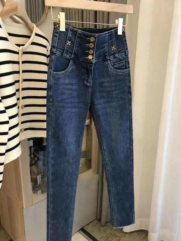 Lielizmēra 5xl Augsts viduklis Vienrindas džinsi Sieviešu korejiešu šiki ziedi Slim Stretch Pencil Džinsu bikses Ikdienas ielas apģērba džinsi