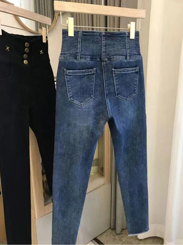 Lielizmēra 5xl Augsts viduklis Vienrindas džinsi Sieviešu korejiešu šiki ziedi Slim Stretch Pencil Džinsu bikses Ikdienas ielas apģērba džinsi