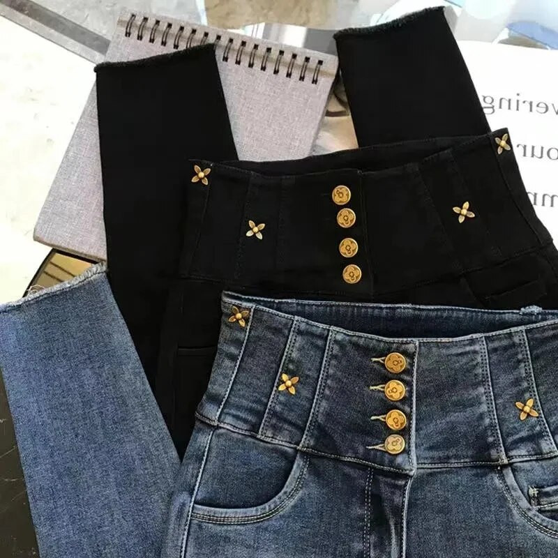 Lielizmēra 5xl Augsts viduklis Vienrindas džinsi Sieviešu korejiešu šiki ziedi Slim Stretch Pencil Džinsu bikses Ikdienas ielas apģērba džinsi