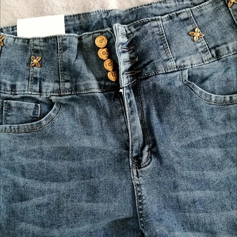 Lielizmēra 5xl Augsts viduklis Vienrindas džinsi Sieviešu korejiešu šiki ziedi Slim Stretch Pencil Džinsu bikses Ikdienas ielas apģērba džinsi