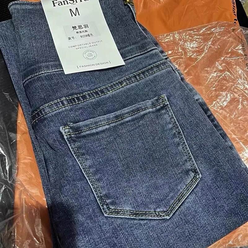 Lielizmēra 5xl Augsts viduklis Vienrindas džinsi Sieviešu korejiešu šiki ziedi Slim Stretch Pencil Džinsu bikses Ikdienas ielas apģērba džinsi