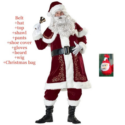 Костюм за косплей на Дядо Коледа, червен делукс, кадифе, изискан комплект облекла Коледно парти, мъжко семейство, нова година, костюм на Дядо Коледа, възрастен Коледа