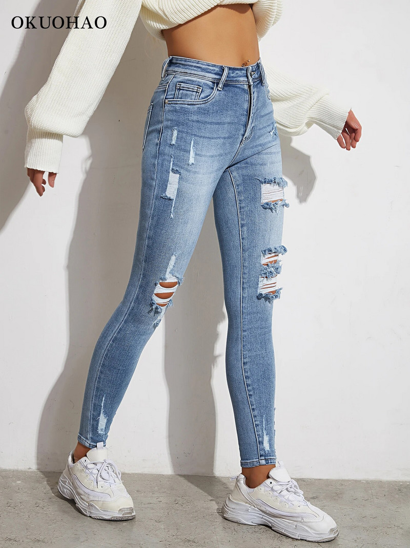Gaiši zils, seksīgs šaurs sieviešu džinsi, izstiepts dibens, izstiepts caurums Džinsu bikses Sieviešu apģērbi Meiteņu šauras bikses Y2K ielas apģērbs