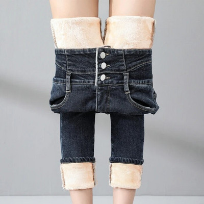 Žieminiai nauji vilnos džinsai aukštu juosmeniu moterims Klasikinės juodos tamprios pastorintos šiltos plonos pliušinės aksominės džinsinės kelnės