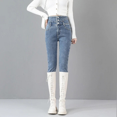 Žieminiai nauji vilnos džinsai aukštu juosmeniu moterims Klasikinės juodos tamprios pastorintos šiltos plonos pliušinės aksominės džinsinės kelnės