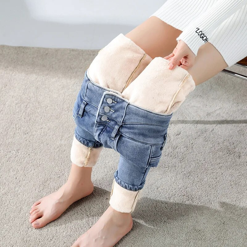 Žieminiai nauji vilnos džinsai aukštu juosmeniu moterims Klasikinės juodos tamprios pastorintos šiltos plonos pliušinės aksominės džinsinės kelnės