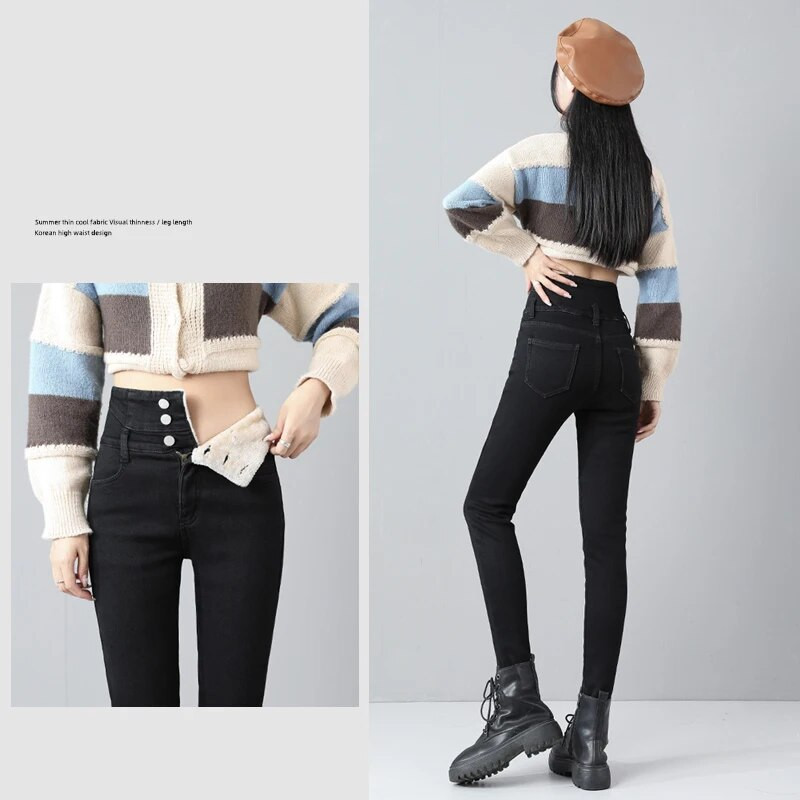 Žieminiai nauji vilnos džinsai aukštu juosmeniu moterims Klasikinės juodos tamprios pastorintos šiltos plonos pliušinės aksominės džinsinės kelnės