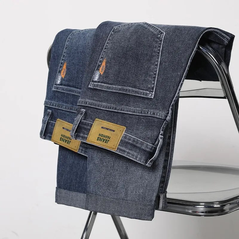 2023. gada klasiska stila vīriešu džinsi, klasiski zili modes gadījuma rakstura elastīgi džinsu bikses, vīriešu zīmola apģērbi