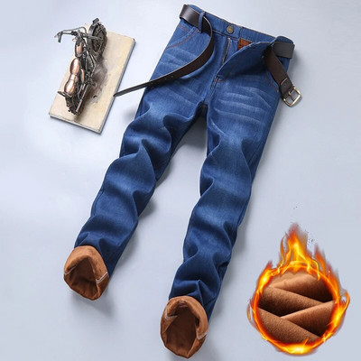 Vyriški džinsai džinsiniai rudeniniai ir žieminiai nauji pliušiniai pastorinti laisvi tiesūs didelio dydžio šilti darbo laisvalaikio ilgos kelnės