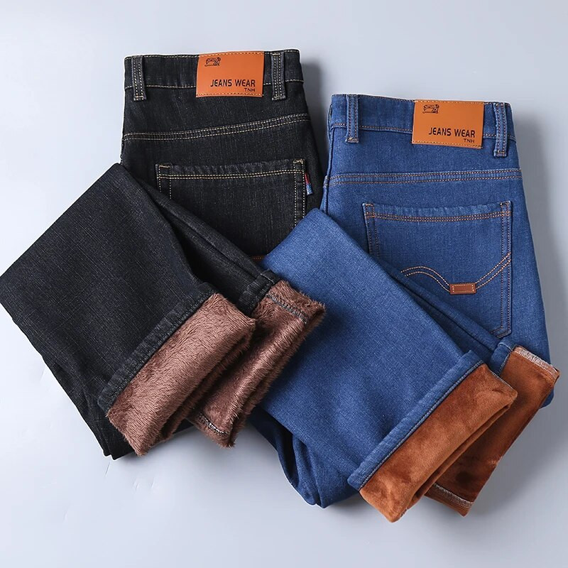 Vyriški džinsai džinsiniai rudeniniai ir žieminiai nauji pliušiniai pastorinti laisvi tiesūs didelio dydžio šilti darbo laisvalaikio ilgos kelnės