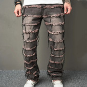 2023 m. Vyriški vintažiniai raištiniai džinsai kelnės rudeninės vyriškos stilingos laisvos motociklo tiesios solidžios laisvalaikio džinsinės kelnės