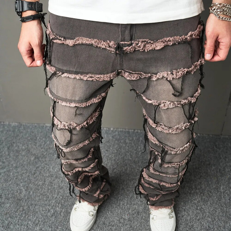 2023 m. Vyriški vintažiniai raištiniai džinsai kelnės rudeninės vyriškos stilingos laisvos motociklo tiesios solidžios laisvalaikio džinsinės kelnės