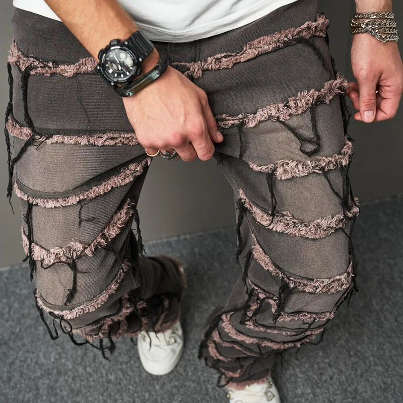 2023 m. Vyriški vintažiniai raištiniai džinsai kelnės rudeninės vyriškos stilingos laisvos motociklo tiesios solidžios laisvalaikio džinsinės kelnės