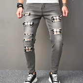 Jauni Vīriešu Hip Hop Ripped Patch Skinny Džinsi Bikses Stilīgas Vīriešu Holes Slim Pencil Džinsu Bikses