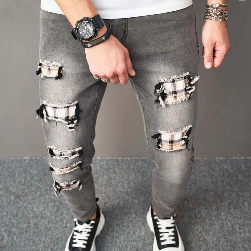 Jauni Vīriešu Hip Hop Ripped Patch Skinny Džinsi Bikses Stilīgas Vīriešu Holes Slim Pencil Džinsu Bikses