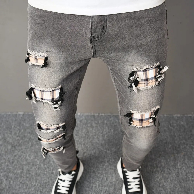 Jauni Vīriešu Hip Hop Ripped Patch Skinny Džinsi Bikses Stilīgas Vīriešu Holes Slim Pencil Džinsu Bikses