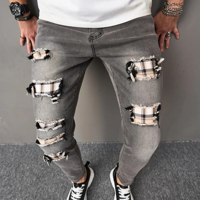 Jauni Vīriešu Hip Hop Ripped Patch Skinny Džinsi Bikses Stilīgas Vīriešu Holes Slim Pencil Džinsu Bikses