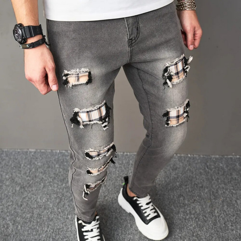 Jauni Vīriešu Hip Hop Ripped Patch Skinny Džinsi Bikses Stilīgas Vīriešu Holes Slim Pencil Džinsu Bikses
