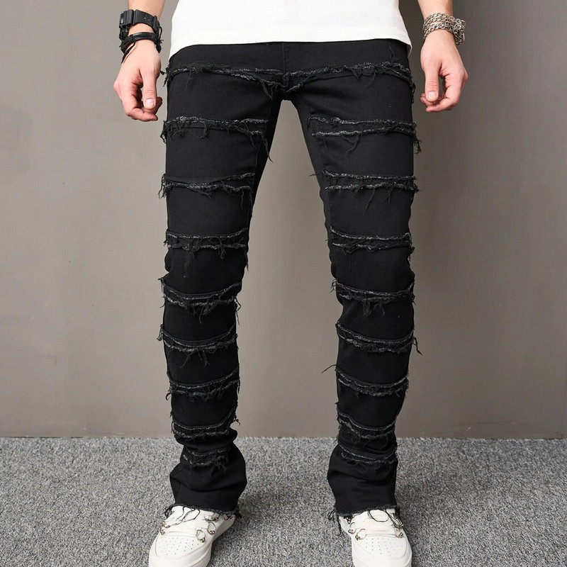 High street Hip Hop Spliced Patch Vīrieši Slim Straight Džinsi Stilīgas vienkrāsainas ikdienas bikses Vīriešu džinsa bikses