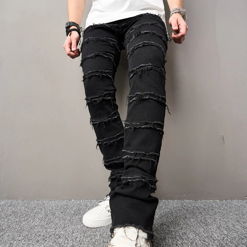 High street Hip Hop Spliced Patch Vīrieši Slim Straight Džinsi Stilīgas vienkrāsainas ikdienas bikses Vīriešu džinsa bikses