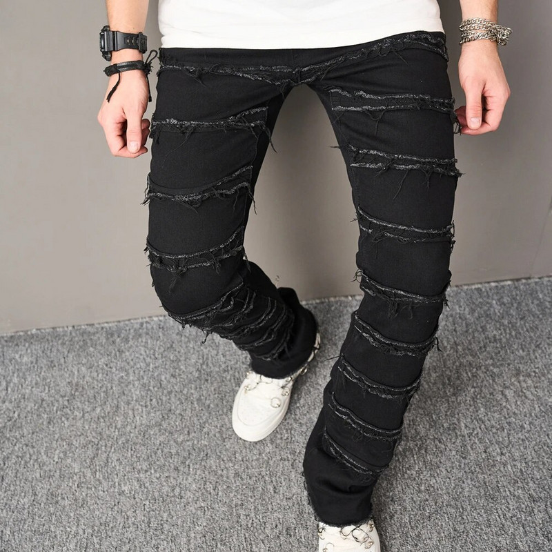 High street Hip Hop Spliced Patch Vīrieši Slim Straight Džinsi Stilīgas vienkrāsainas ikdienas bikses Vīriešu džinsa bikses