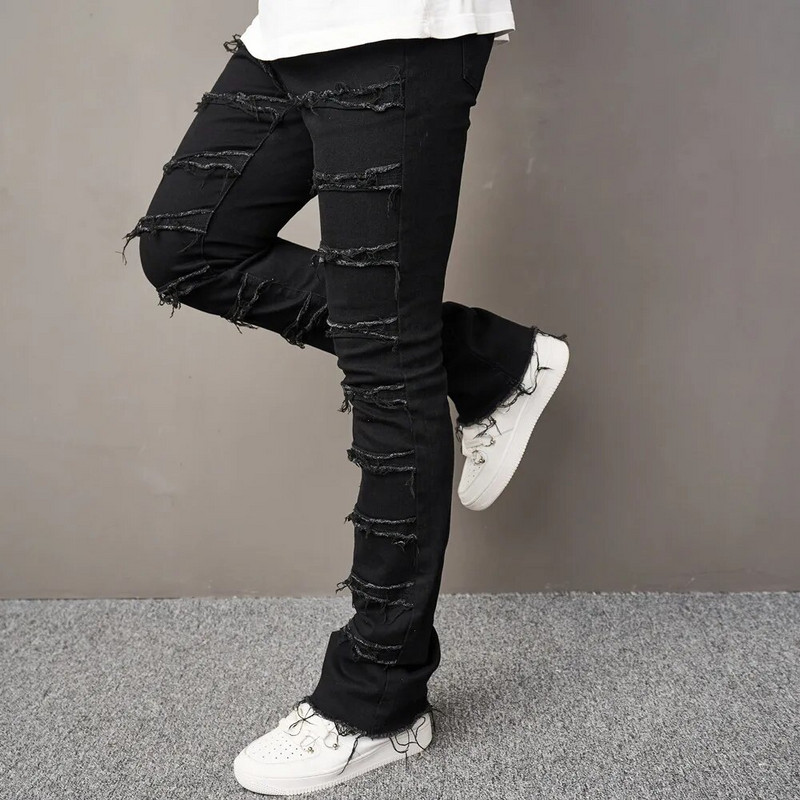 High street Hip Hop Spliced Patch Vīrieši Slim Straight Džinsi Stilīgas vienkrāsainas ikdienas bikses Vīriešu džinsa bikses