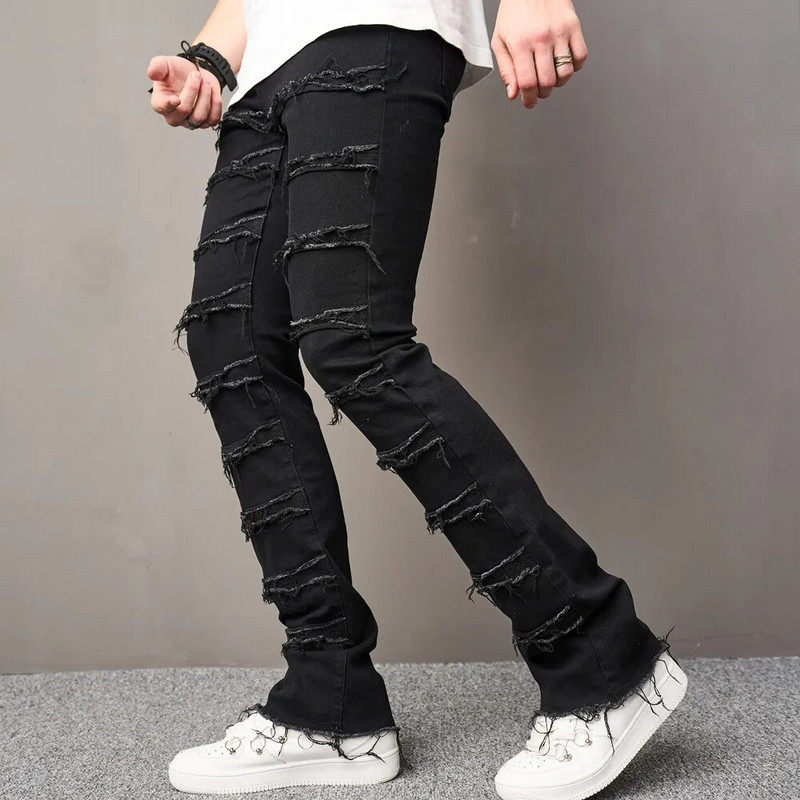 High street Hip Hop Spliced Patch Vīrieši Slim Straight Džinsi Stilīgas vienkrāsainas ikdienas bikses Vīriešu džinsa bikses