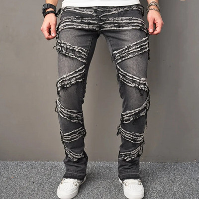 Mood Mehed Hip Hop Spliced Slim Straight Teksad Püksid Tänavarõivad Sörkimine Meeste Biker Denimpüksid