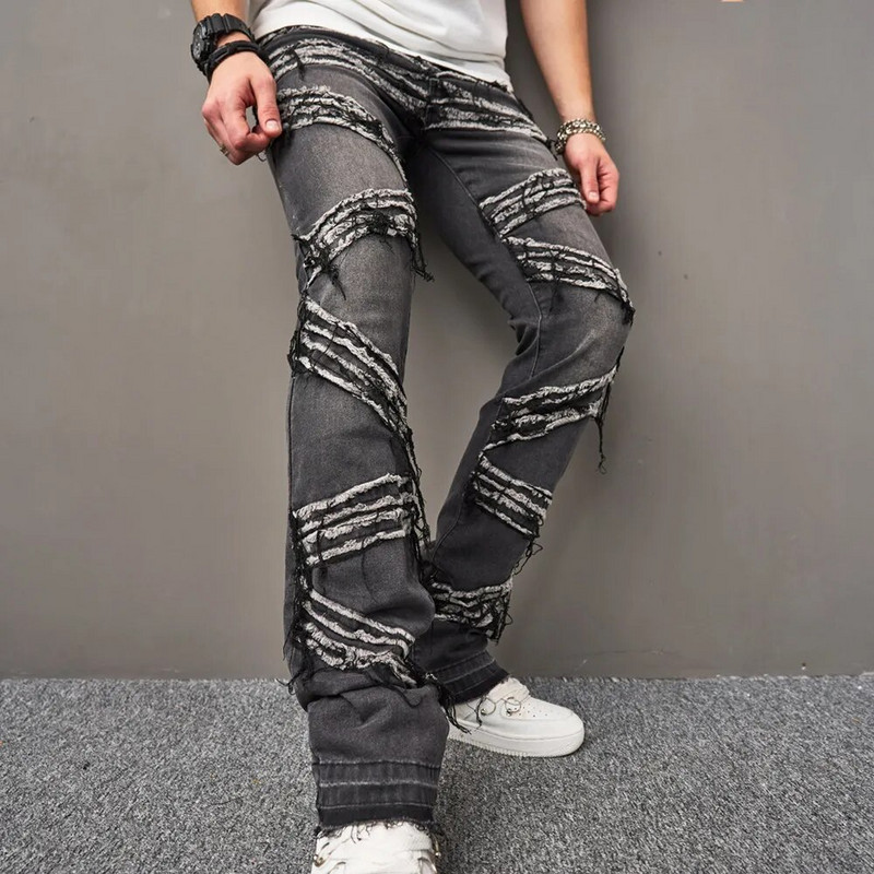 Madingi vyriški hip-hop’ai, ploni tiesūs džinsai, kelnės, gatvės apranga, bėgiojantis vyriškas dviratininkas, džinsinės kelnės