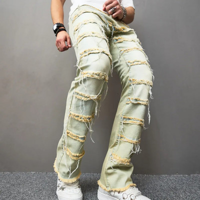 Jauns rudens stilīgs vīriešu plāksteris, vaļīgs džinss, bikses, ielu apģērbs, hiphops, vīriešu taisnas džinsa bikses