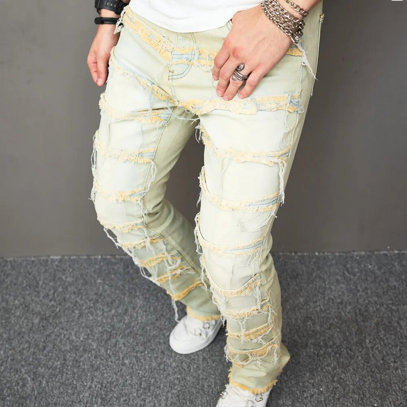 Jauns rudens stilīgs vīriešu plāksteris, vaļīgs džinss, bikses, ielu apģērbs, hiphops, vīriešu taisnas džinsa bikses