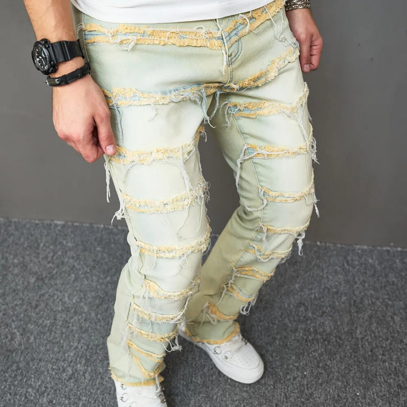 Jauns rudens stilīgs vīriešu plāksteris, vaļīgs džinss, bikses, ielu apģērbs, hiphops, vīriešu taisnas džinsa bikses