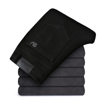 2022. g. jauns biznesa modes elastīgs vīriešu ziemas silts flīss, melns džinss, regulāra piegriezuma džinsa biezas bikses vīriešu zīmola bikses