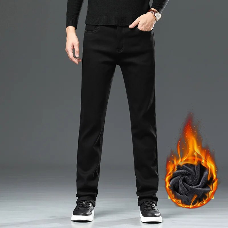 2022. g. jauns biznesa modes elastīgs vīriešu ziemas silts flīss, melns džinss, regulāra piegriezuma džinsa biezas bikses vīriešu zīmola bikses