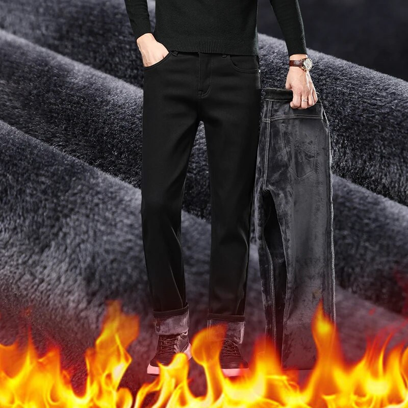 2022. g. jauns biznesa modes elastīgs vīriešu ziemas silts flīss, melns džinss, regulāra piegriezuma džinsa biezas bikses vīriešu zīmola bikses