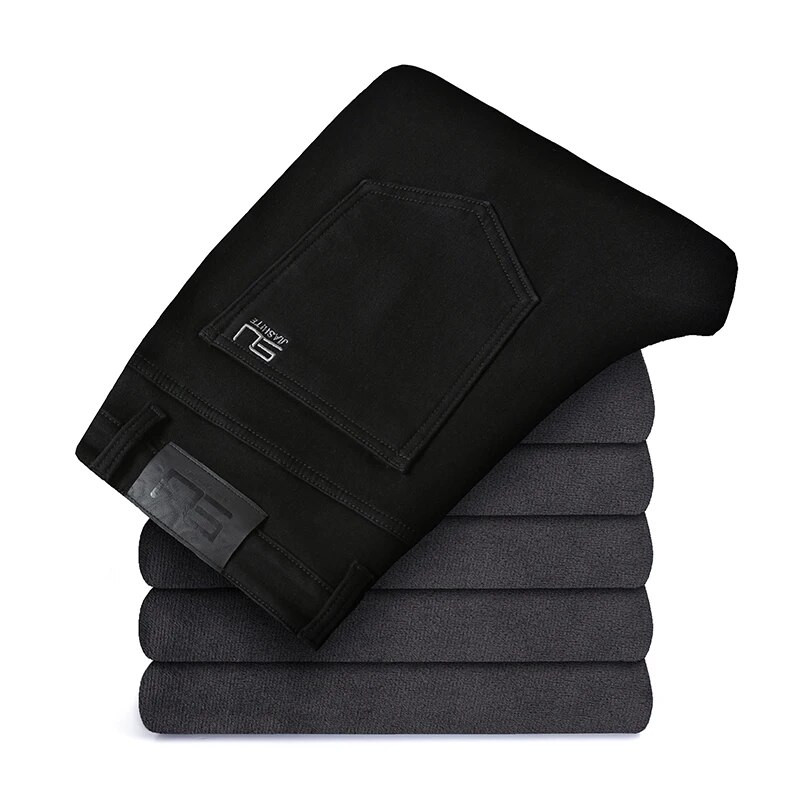 2022. g. jauns biznesa modes elastīgs vīriešu ziemas silts flīss, melns džinss, regulāra piegriezuma džinsa biezas bikses vīriešu zīmola bikses